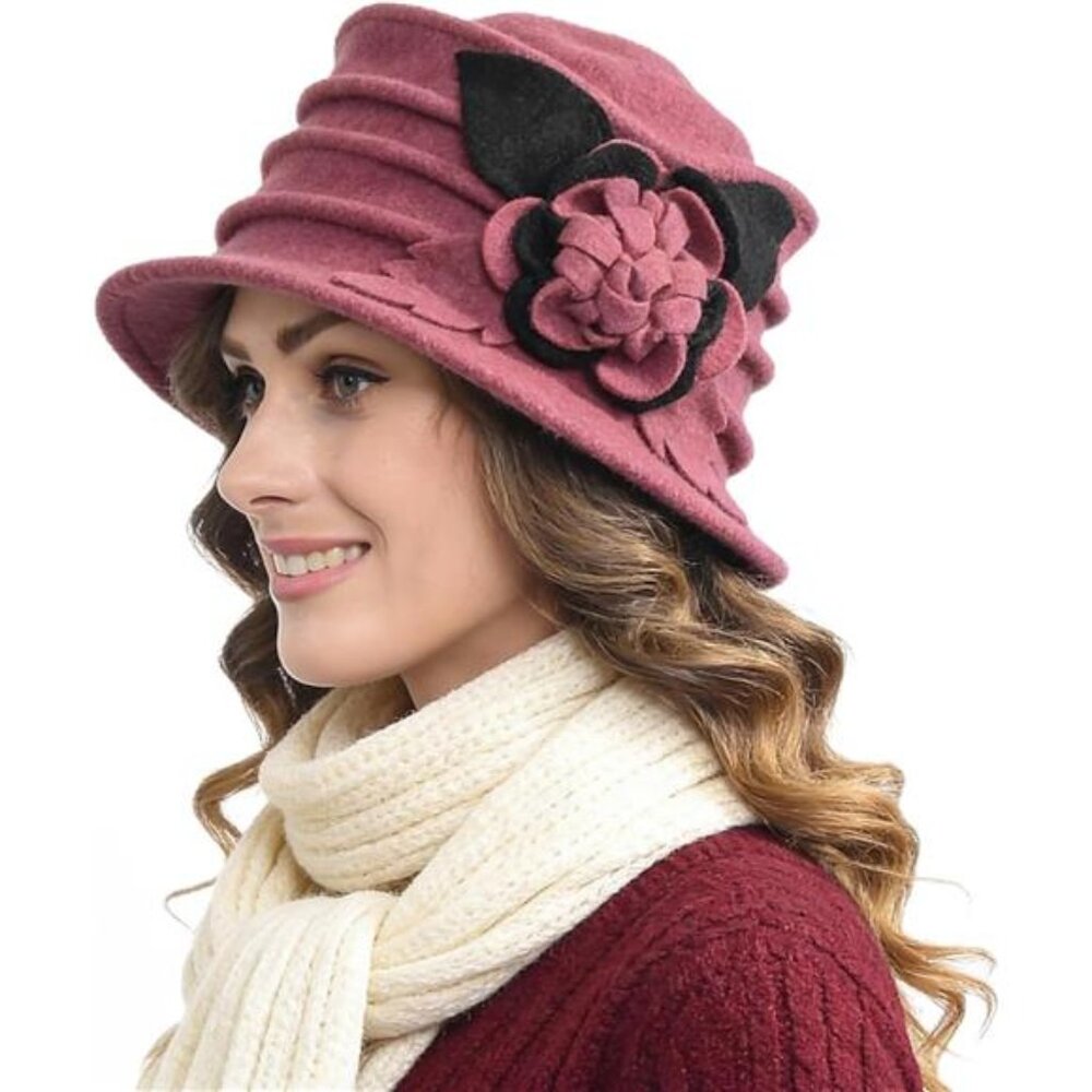 Vintage Women Floral Wool Dress Cloche Winter Hat 1920s